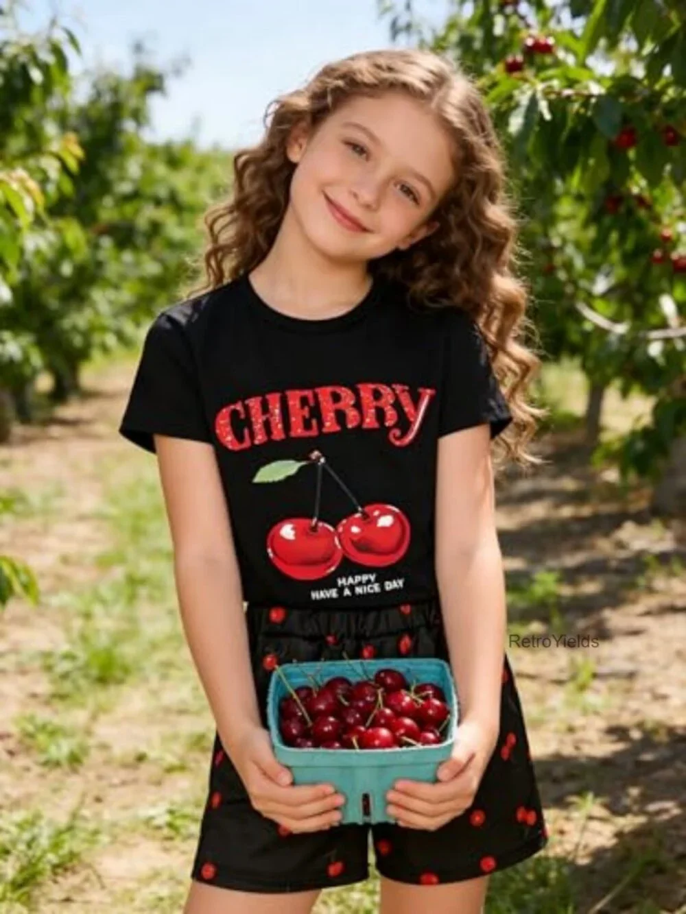 Girls Cherry Short Sleeve Shirt & Shorts 2-Piece Set with Pockets